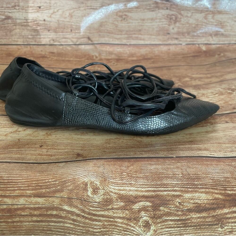 Zara black leather point toe ankle wrap ballet style embossed snake size 7.5 - Picture 9 of 16